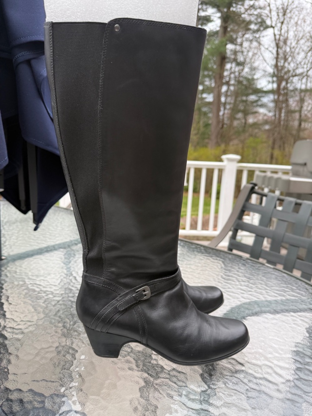 Vintage Clarks Black Leather Knee-High Boots with Ankle Strap